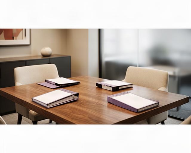 Quiet law office consultation room in Bel Air with a wood table, legal folders, and two guest chairs